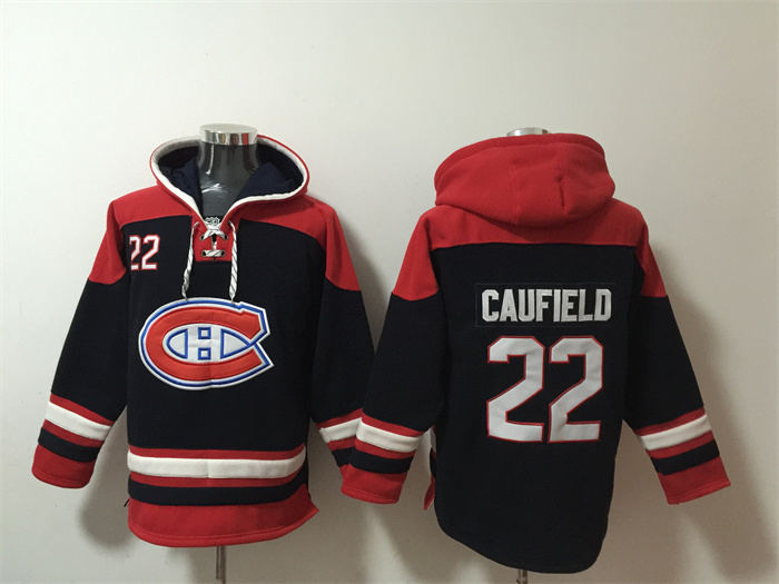 Men's Montreal Canadiens #22 Cole Caufield Navy/Red Lace-Up Pullover Hoodie